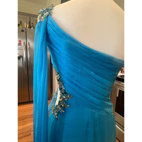 PRECIOUS FORMAL NWT BLUE JEWELED ONE SHOULDER GOWN WAIST JEWELED CUTOUT WOMENS 4 - Picture 13 of 16